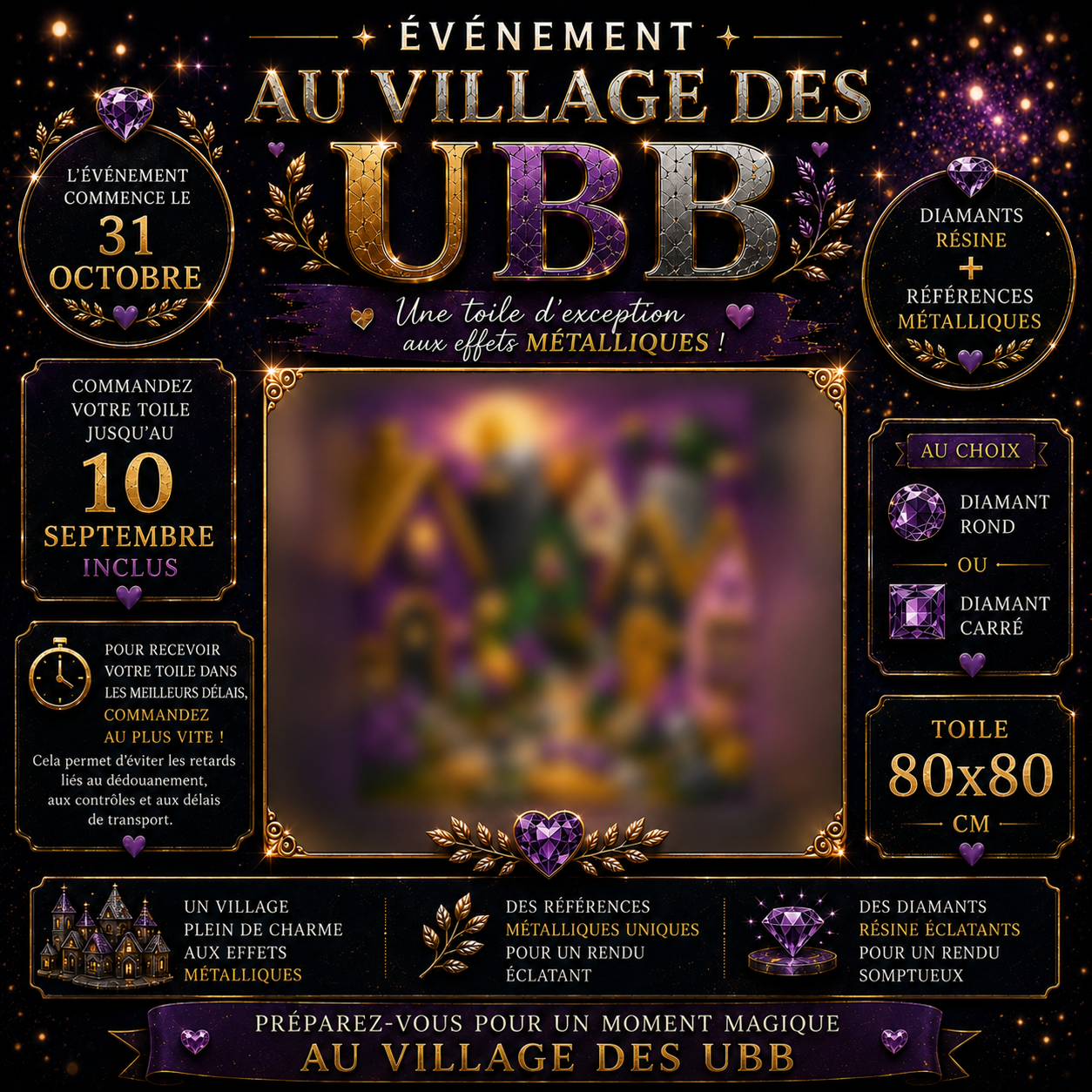 Affiche de l’événement Au Village des UBB présentant la toile Diamond Painting 80x80 cm avec diamants résine et références métalliques