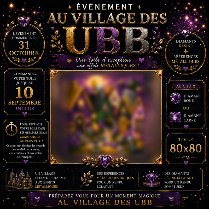 Affiche de l’événement Au Village des UBB présentant la toile Diamond Painting 80x80 cm avec diamants résine et références métalliques