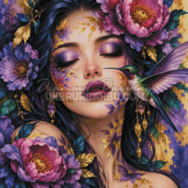 Rendu diamante du Diamond Painting Beaute au Colibri Precieux 80x80 cm avec fleurs, bijoux et feuilles dorees
