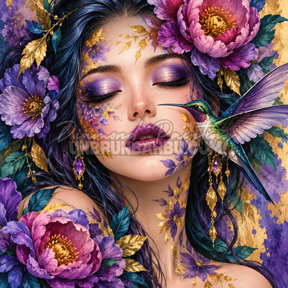 Diamond Painting Beaute au Colibri Precieux 80x80 cm avec portrait feminin, pivoines violettes et oiseau colore