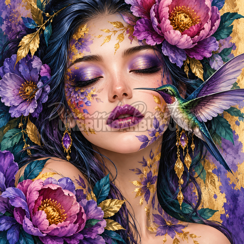 Diamond Painting Beaute au Colibri Precieux 80x80 cm avec portrait feminin, pivoines violettes et oiseau colore