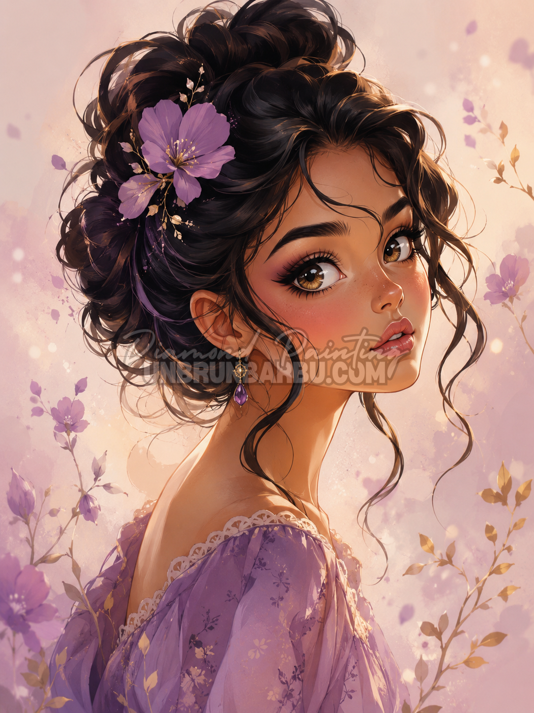 Diamond Painting Beaute aux Reflets Lavande 70x95 cm avec portrait feminin, fleurs violettes et chignon brun
