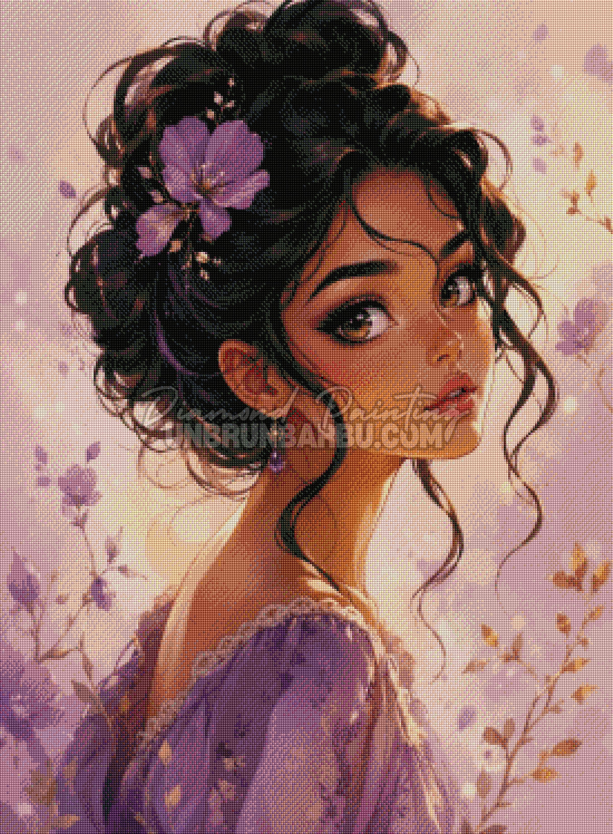 Rendu diamante du Diamond Painting Beaute aux Reflets Lavande 70x95 cm avec robe mauve et regard dore
