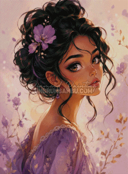Rendu diamante du Diamond Painting Beaute aux Reflets Lavande 70x95 cm avec robe mauve et regard dore