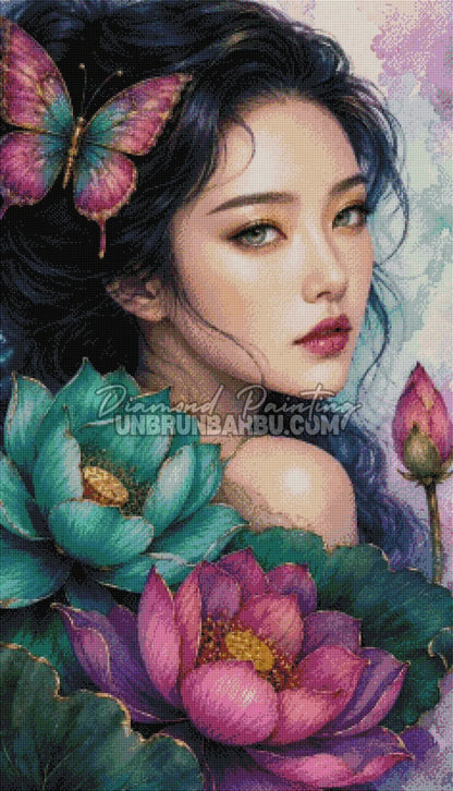 Rendu diamanté du Diamond Painting Beauté Lotus du Silence 60x105 cm avec lotus roses et turquoise