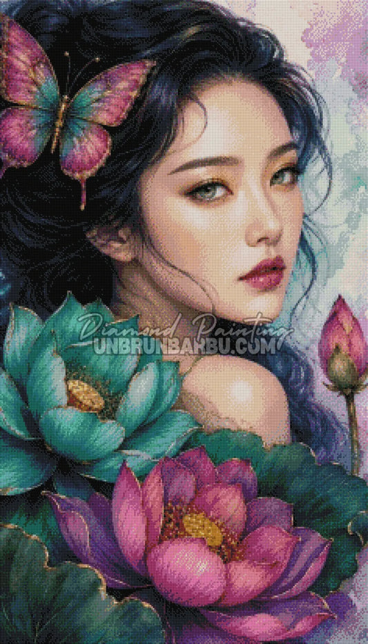 Rendu diamanté du Diamond Painting Beauté Lotus du Silence 60x105 cm avec lotus roses et turquoise