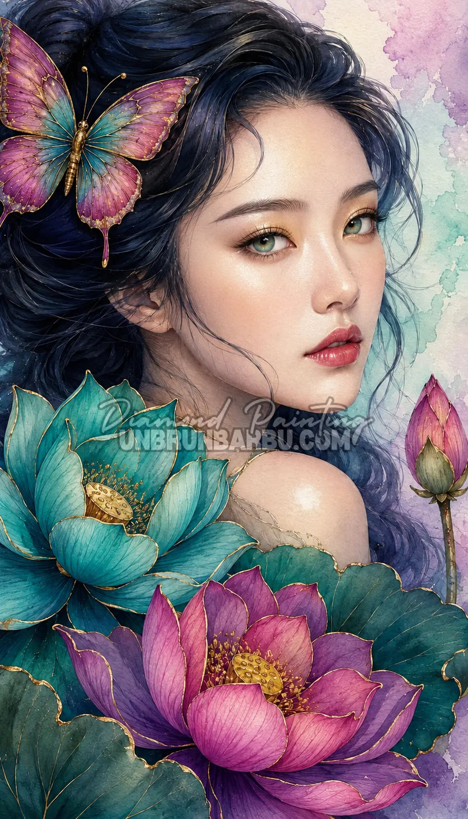 Diamond Painting Beauté Lotus du Silence 60x105 cm avec portrait féminin, lotus turquoise et papillon
