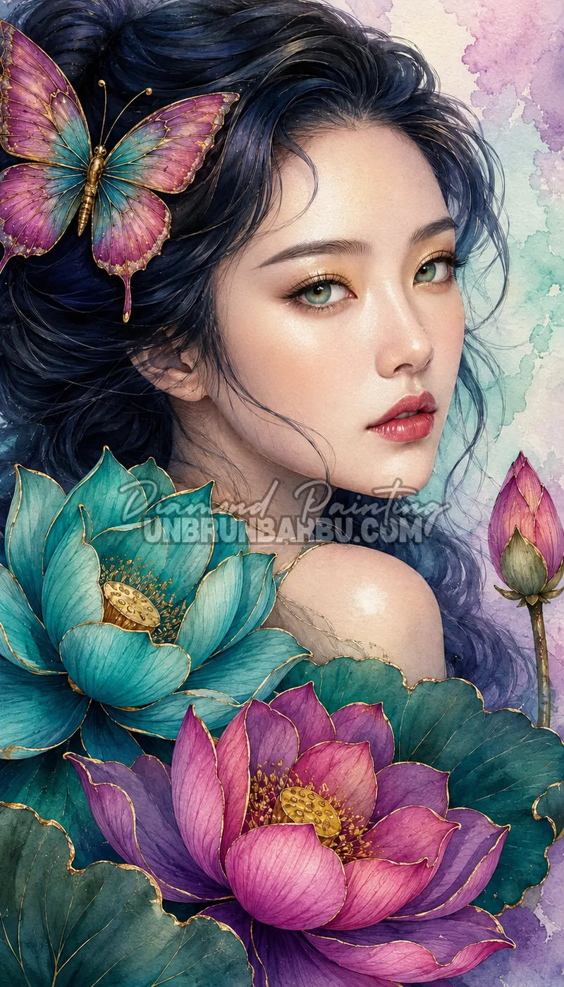 Diamond Painting Beauté Lotus du Silence 60x105 cm avec portrait féminin, lotus turquoise et papillon
