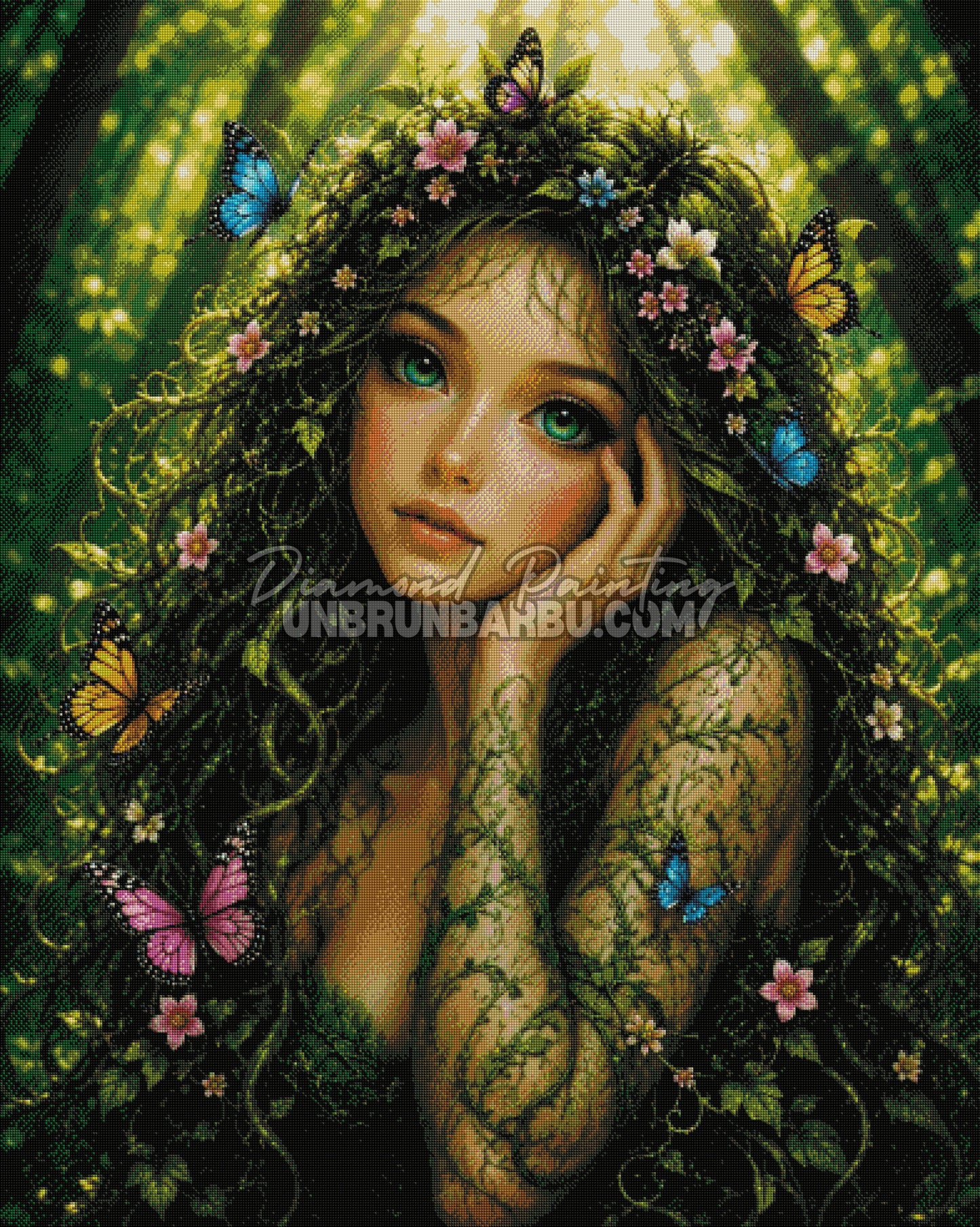 Rendu diamanté du Diamond Painting Beauté Végétale avec muse végétale, fleurs et papillons colorés