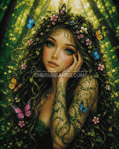 Rendu diamanté du Diamond Painting Beauté Végétale avec muse végétale, fleurs et papillons colorés