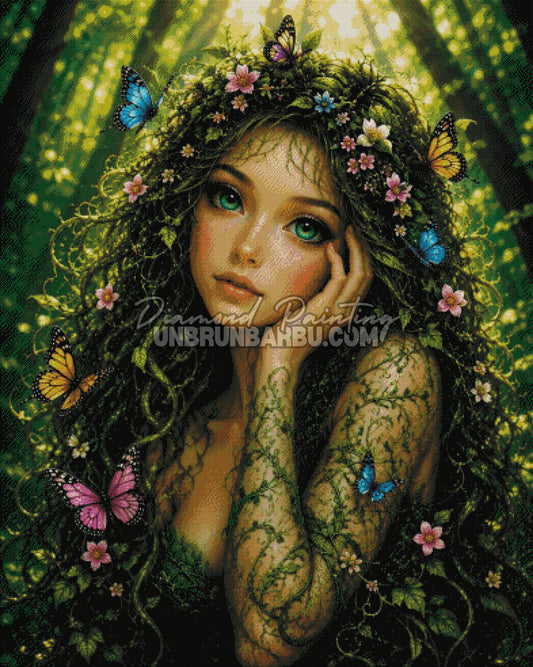Rendu diamanté du Diamond Painting Beauté Végétale avec muse végétale, fleurs et papillons colorés