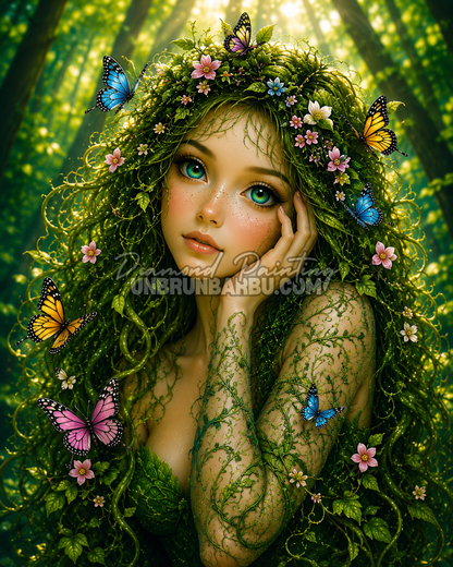 Diamond Painting Beauté Végétale 100x125 cm représentant une femme de la forêt entourée de feuillages et de papillons