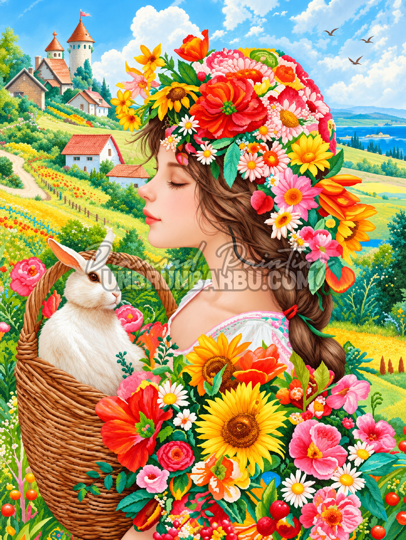 Diamond Painting Belle du Printemps et son Lapin 60x80 cm avec couronne de fleurs, campagne et lapin blanc