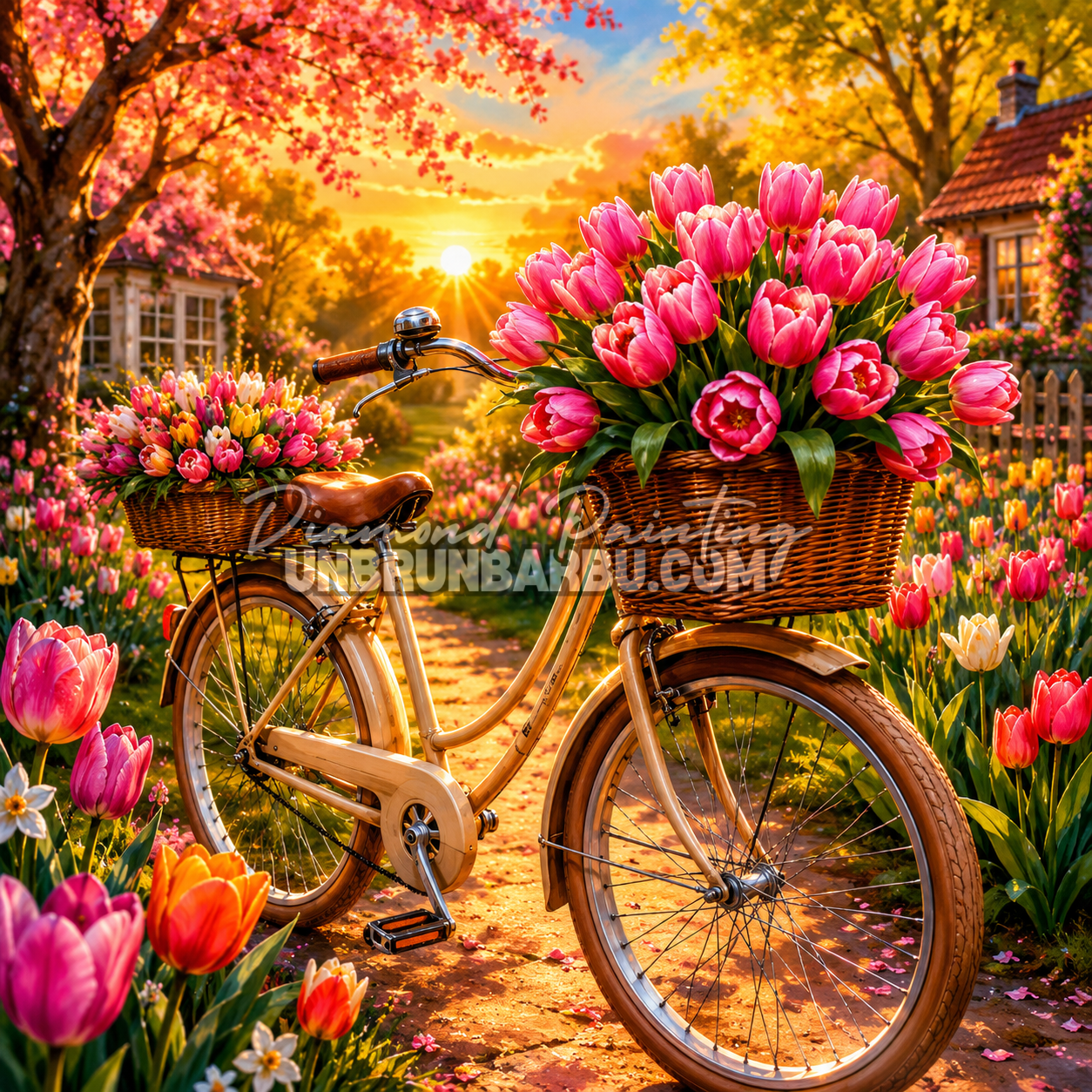 diamond painting bicyclette jardin tulipes 80x80 illustration