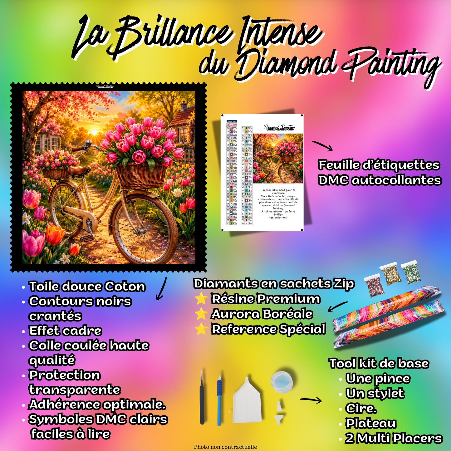diamond painting bicyclette jardin tulipes 80x80 kit complet