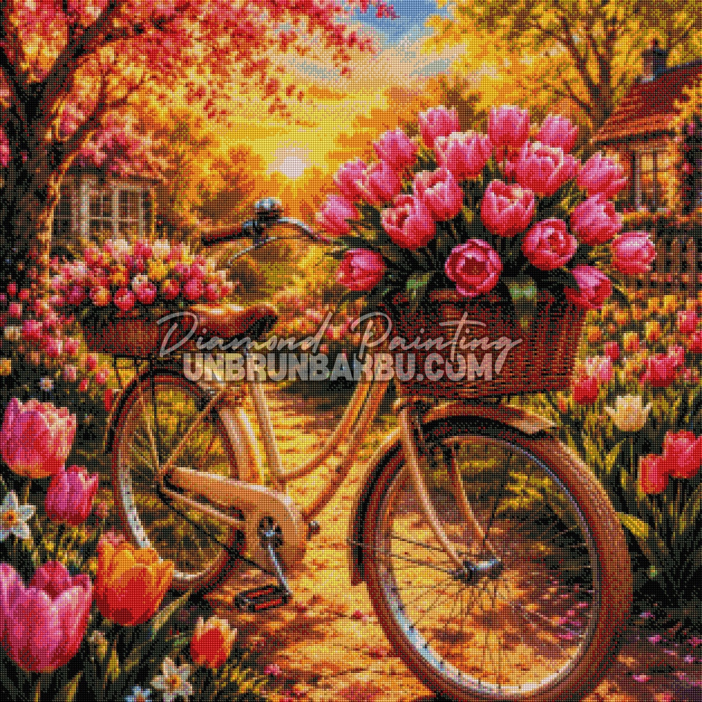 diamond painting bicyclette jardin tulipes 80x80 rendu diamante