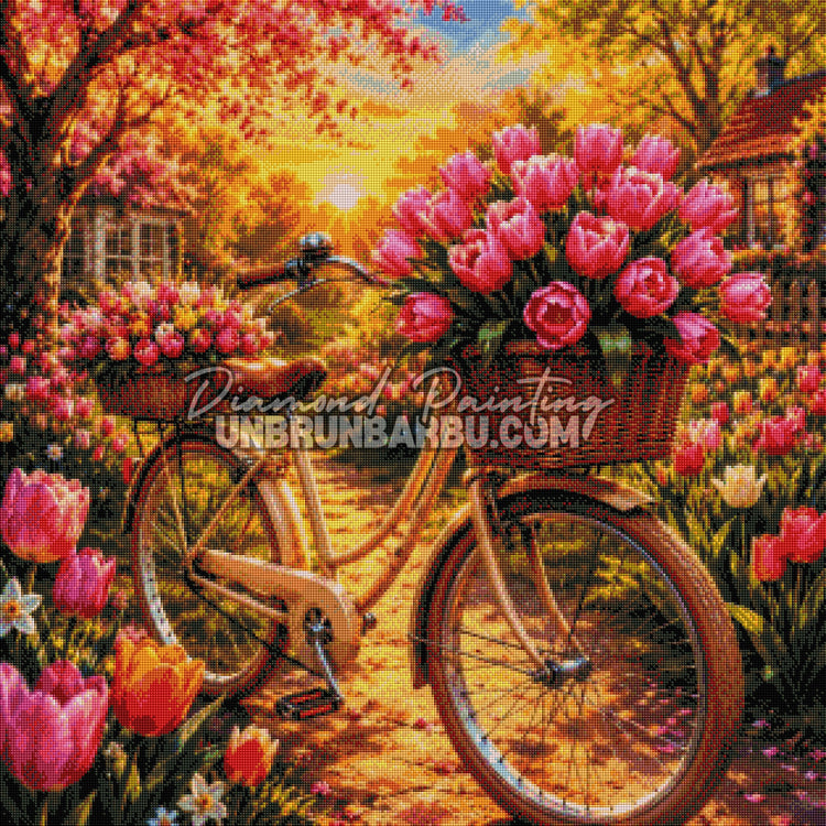 diamond painting bicyclette jardin tulipes 80x80 rendu diamante