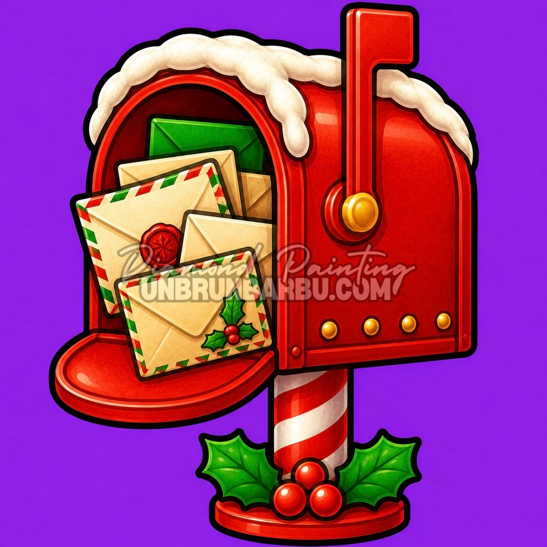Diamond Painting boîte aux lettres de Noël 30x30 cm avec enveloppes, neige et houx sur fond violet