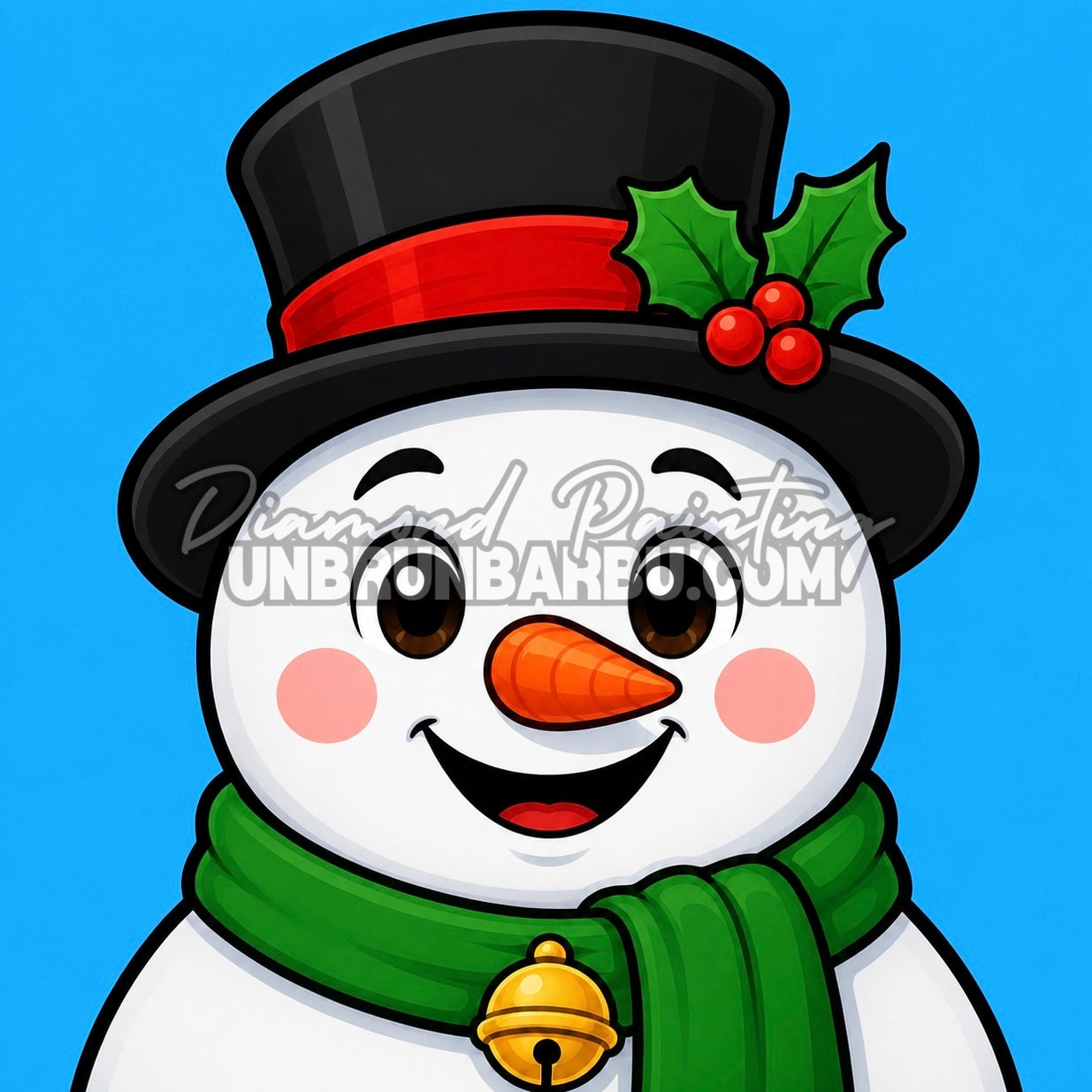 Diamond Painting bonhomme de neige 30x30 cm avec haut-de-forme et écharpe verte sur fond bleu