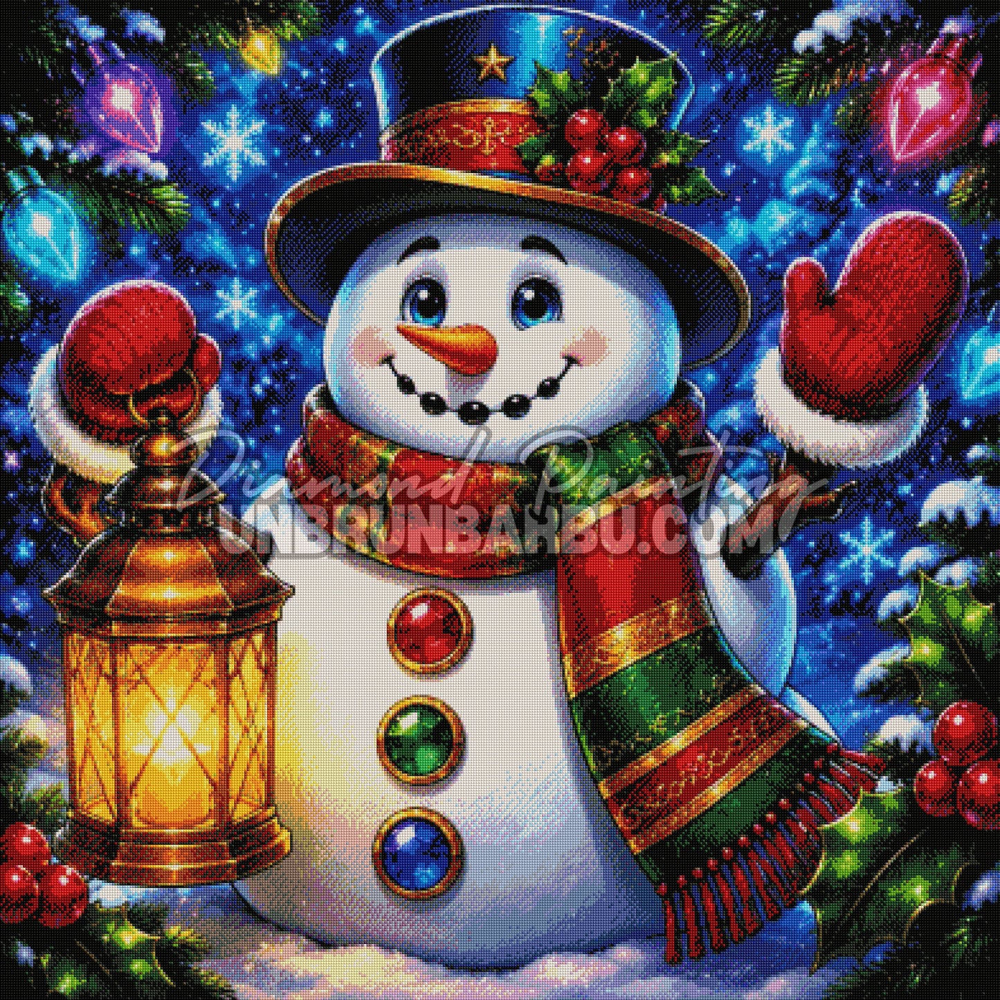 Rendu diamanté du Diamond Painting Bonhomme de Neige à la Lanterne 100x100 cm avec lanterne dorée