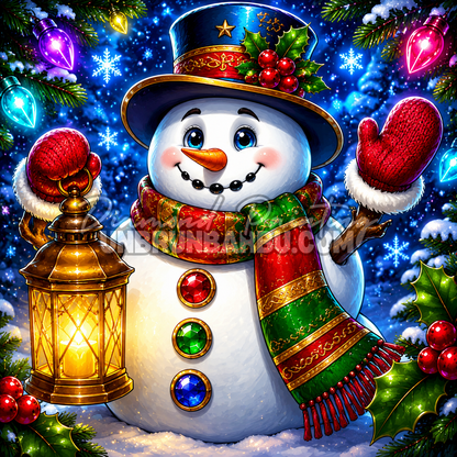 Diamond Painting Bonhomme de Neige à la Lanterne 100x100 cm avec chapeau bleu, écharpe et houx