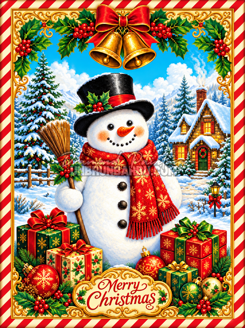 Diamond Painting Bonhomme de Neige aux Cadeaux 45x60 cm avec chalet enneigé, cloches et paquets de Noël
