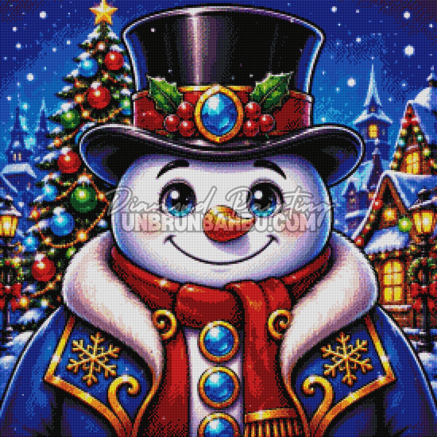 Rendu diamanté du Diamond Painting Bonhomme de Neige du Village de Noël 70x70 cm avec manteau bleu et écharpe rouge