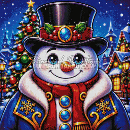 Rendu diamanté du Diamond Painting Bonhomme de Neige du Village de Noël 70x70 cm avec manteau bleu et écharpe rouge