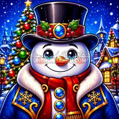 Diamond Painting Bonhomme de Neige du Village de Noël 70x70 cm avec sapin illuminé et maisons enneigées