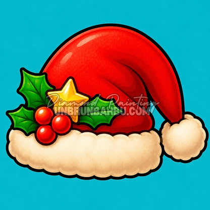 Diamond Painting bonnet du Père Noël 30x30 cm avec houx et étoile dorée sur fond turquoise