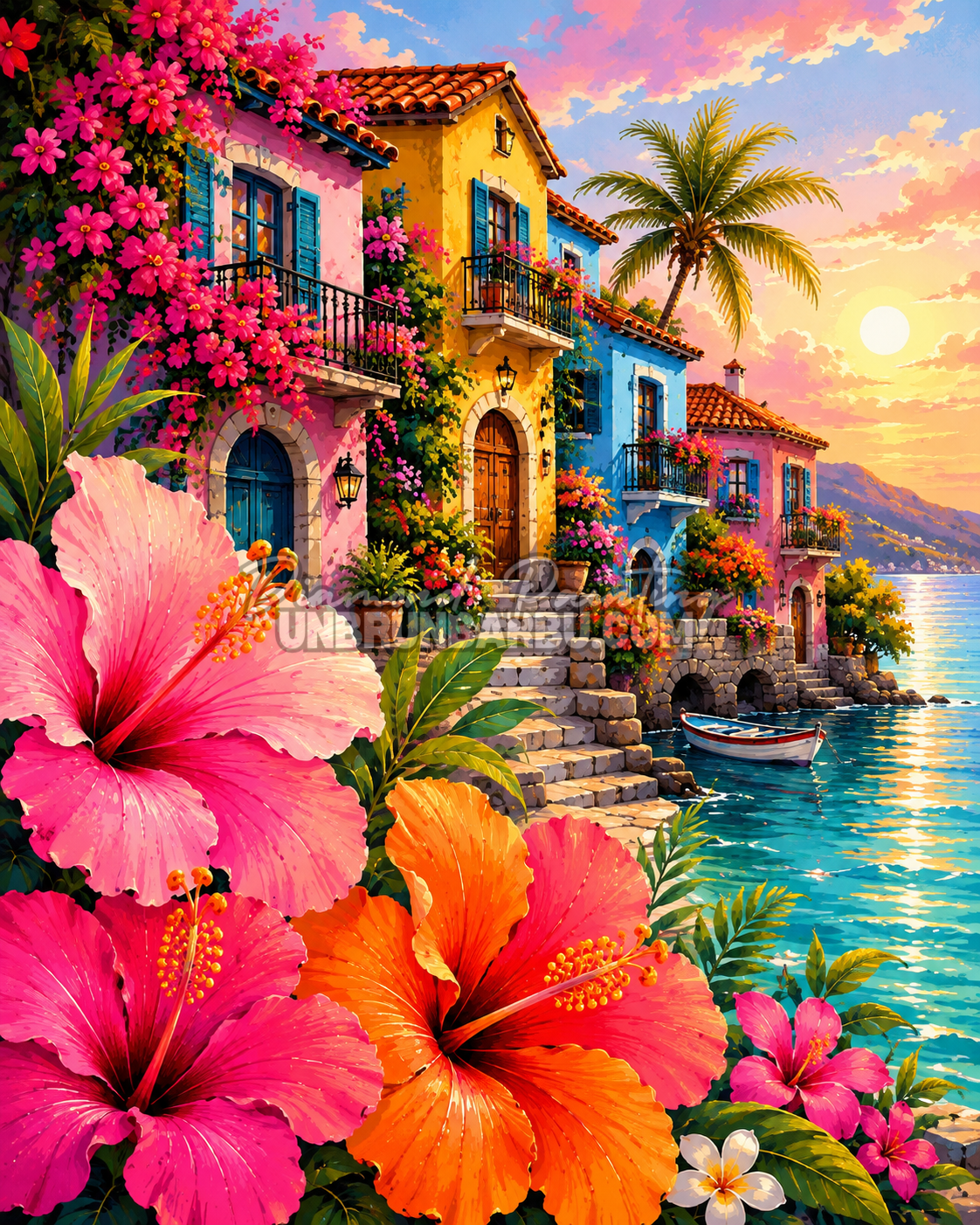 Diamond Painting Bord de Mer aux Hibiscus 100x125 cm avec maisons colorées et mer turquoise