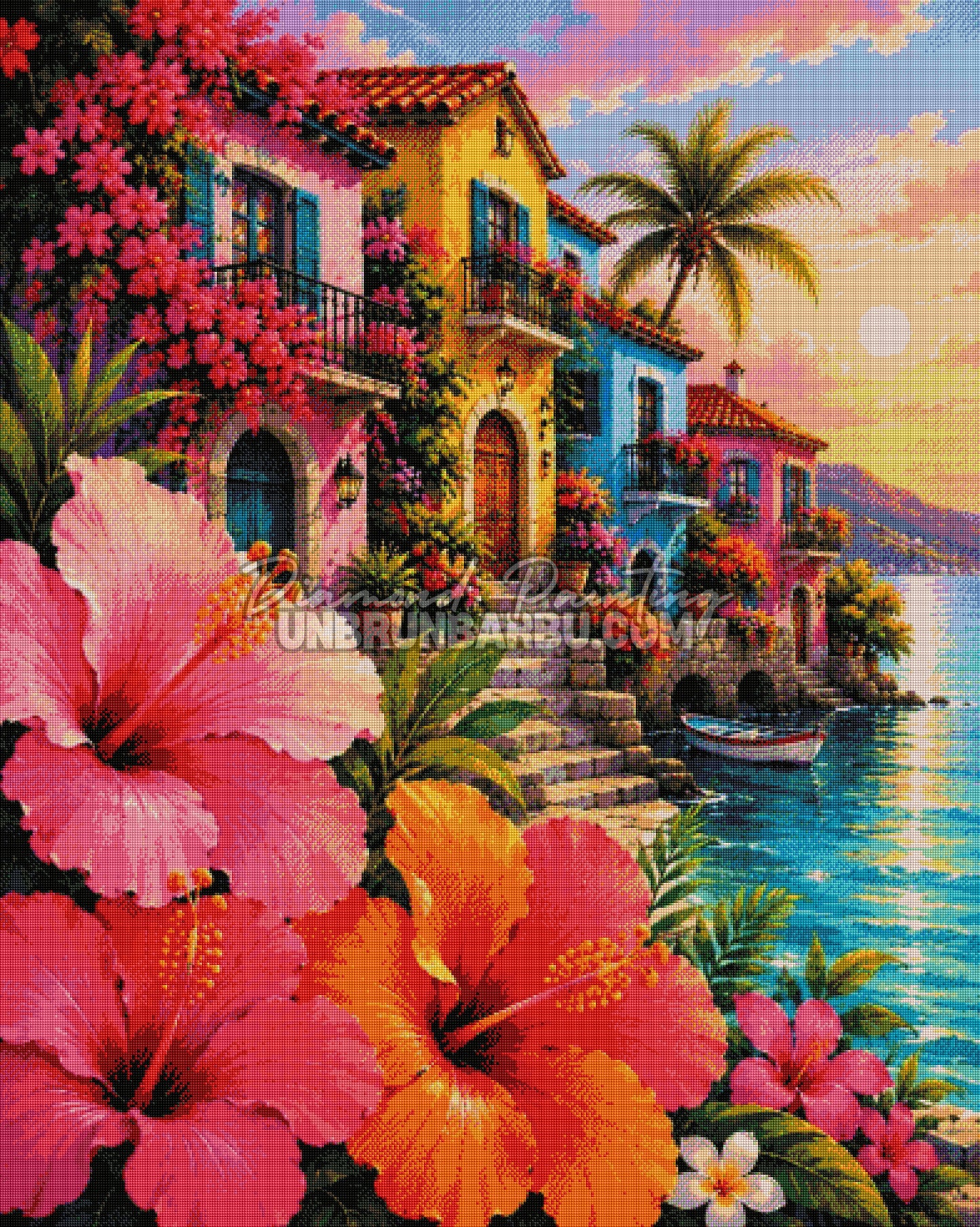 Rendu diamanté du Diamond Painting Bord de Mer aux Hibiscus 100x125 cm