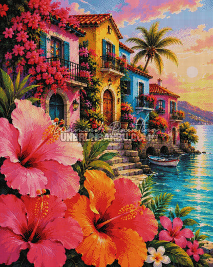 Rendu diamanté du Diamond Painting Bord de Mer aux Hibiscus 100x125 cm