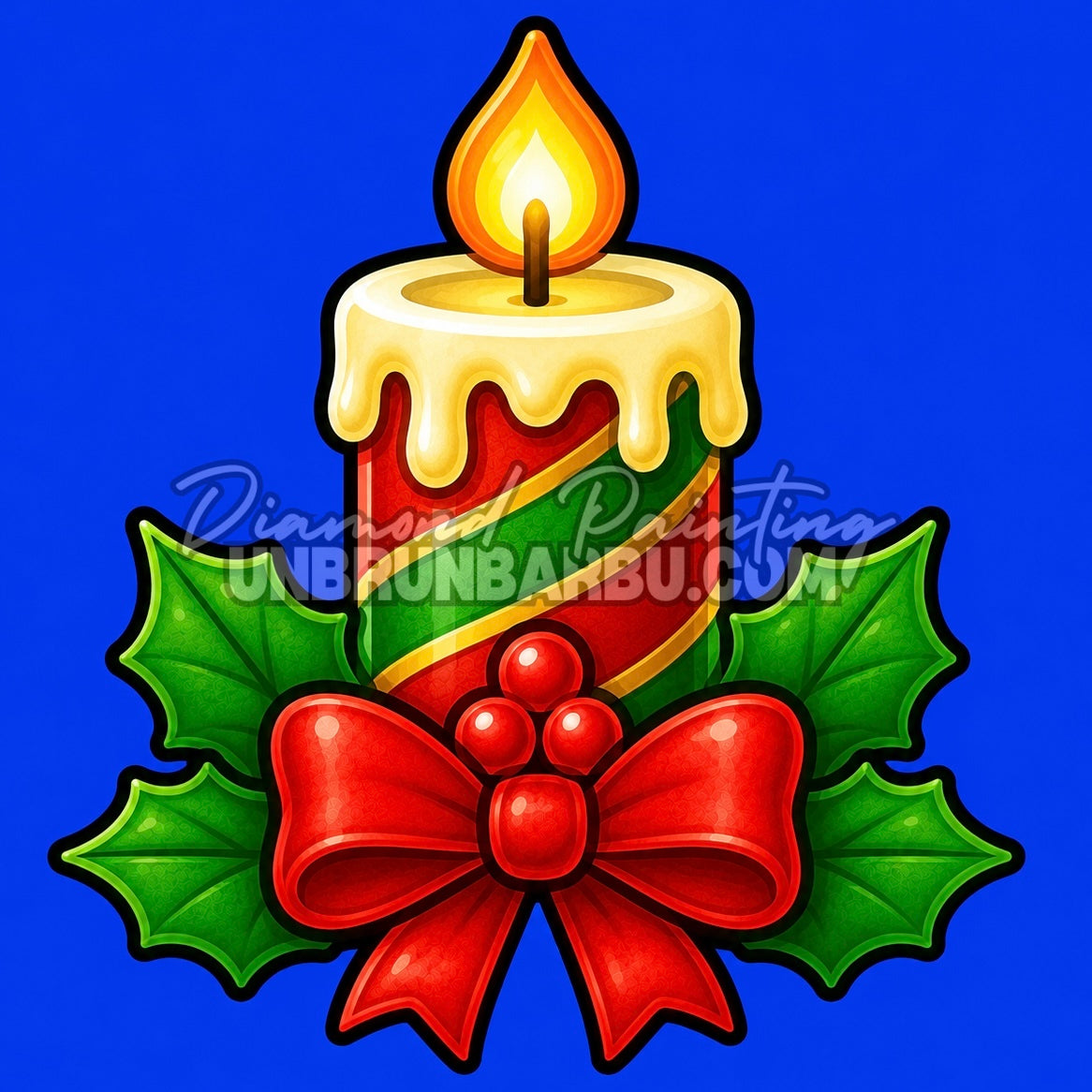 Diamond Painting bougie de Noël 30x30 cm avec ruban rouge, houx et flamme sur fond bleu