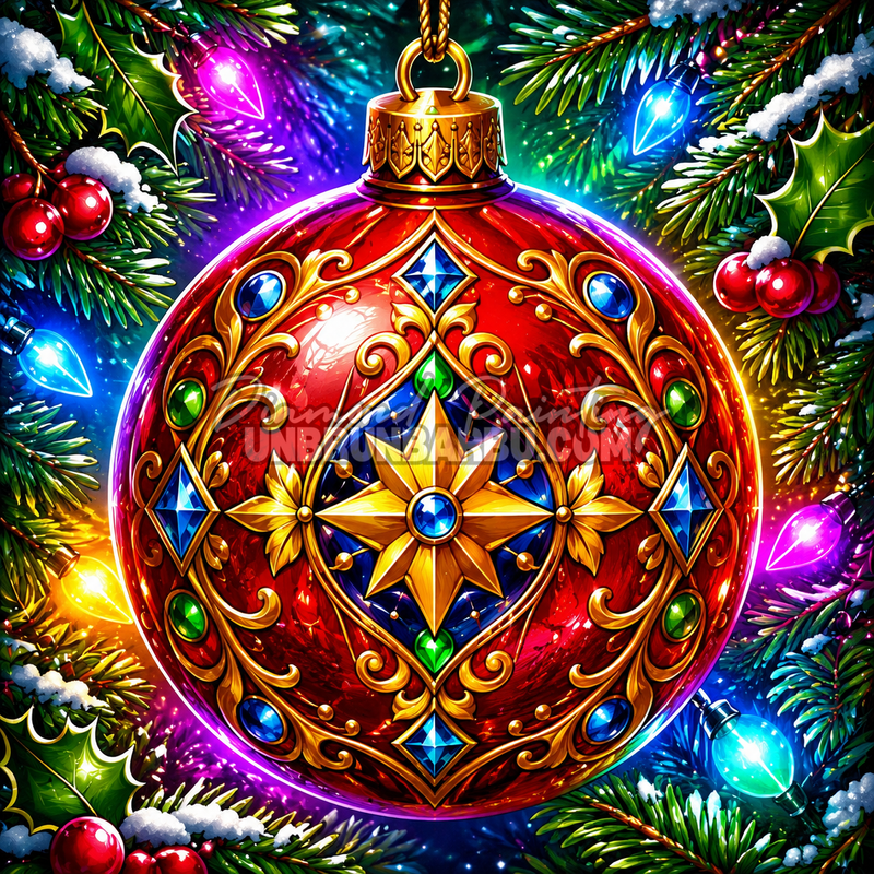 Diamond Painting Boule de Noël Précieuse 80x80 cm rouge et or avec étoile, pierres bleues, sapin enneigé et lumières