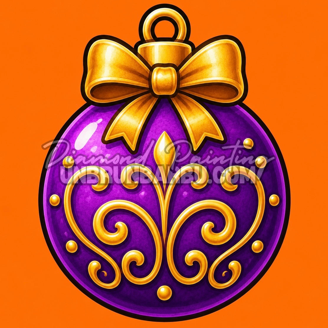 Diamond Painting boule violette de Noël 30x30 cm avec nœud et ornements dorés sur fond orange