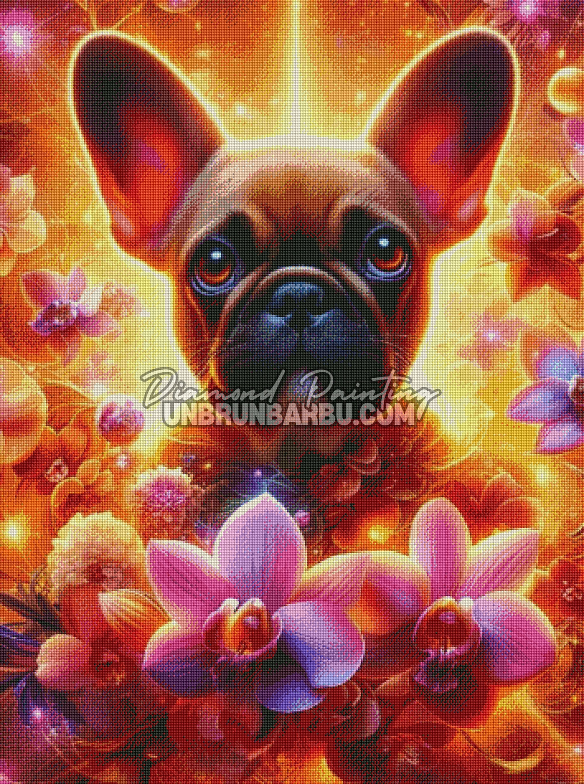 rendu diamond painting chien bouledogue detail diamants fleurs