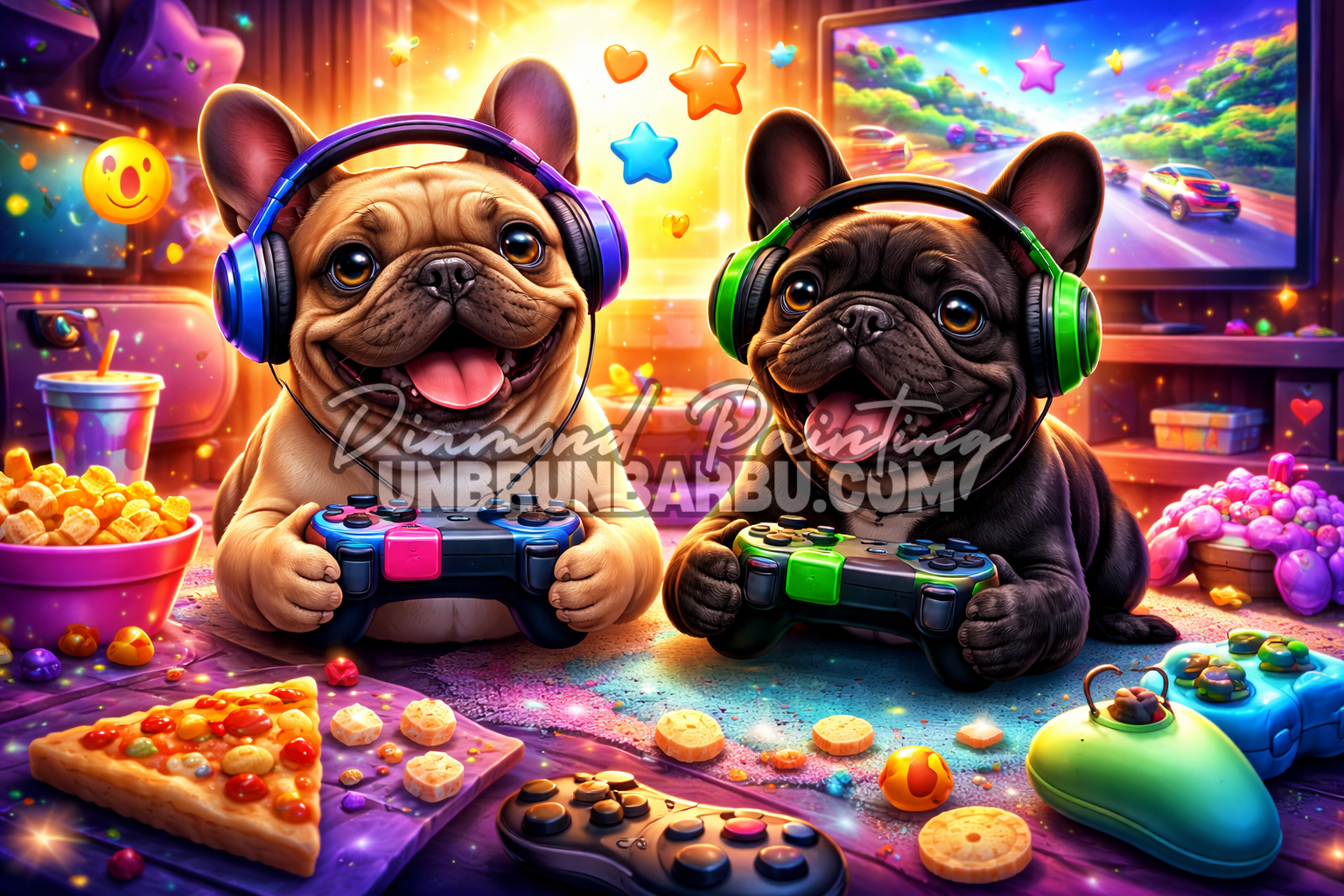 illustration diamond painting bouledogues gamers couleur vive