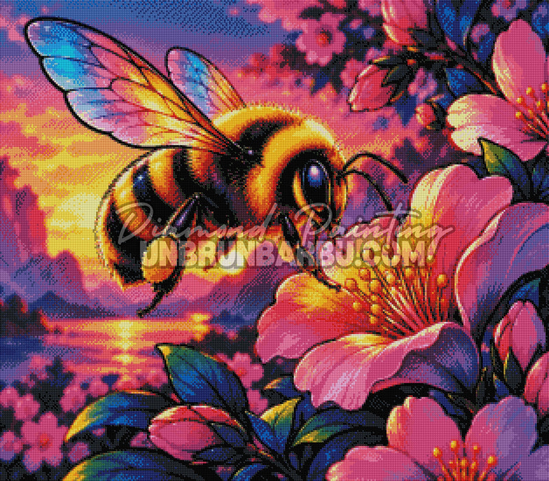 Rendu diamante du Diamond Painting Bourdon Ailes Arc-en-Ciel 80x70 cm avec bourdon jaune et fleurs violettes