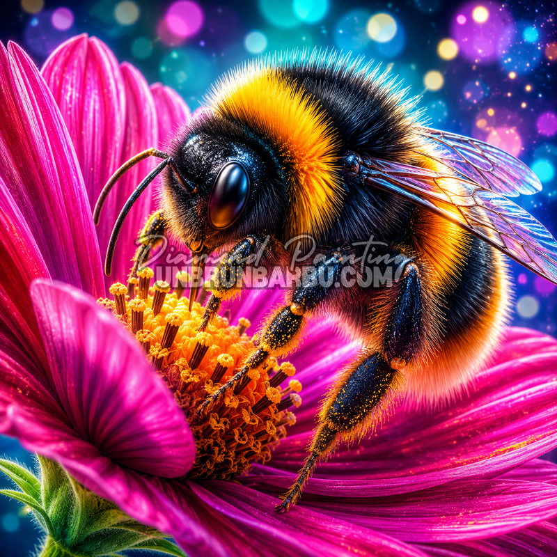 Diamond Painting Bourdon sur Fleur Magenta 90x90 cm avec gros plan de bourdon, fleur magenta et fond lumineux coloré