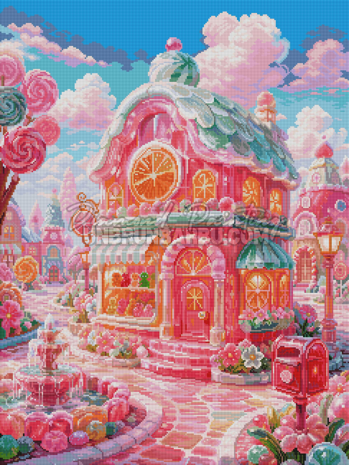 Rendu diamante du Diamond Painting Boutique du Jardin Sucre 60x80 cm avec fontaine, confiseries et village pastel
