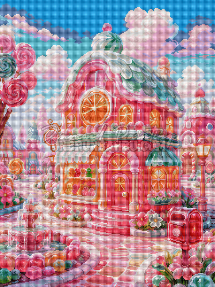 Rendu diamante du Diamond Painting Boutique du Jardin Sucre 60x80 cm avec fontaine, confiseries et village pastel
