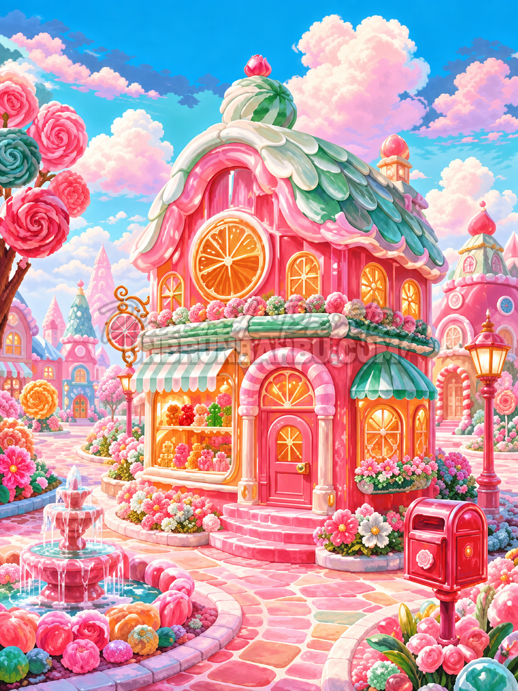 Diamond Painting Boutique du Jardin Sucre 60x80 cm avec boutique rose, fleurs, bonbons et ciel bleu