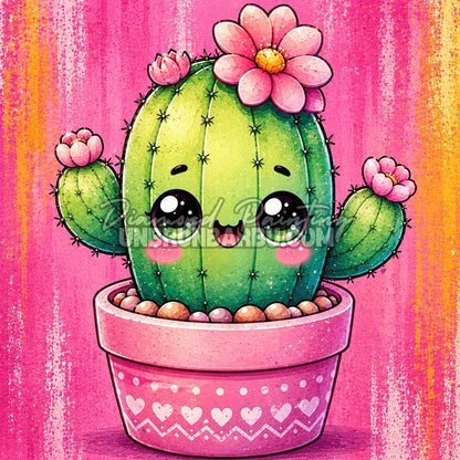 Diamond Painting cactus kawaii fleuri dans un pot rose sur fond coloré 40x40 cm
