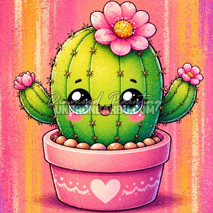 Diamond Painting cactus kawaii avec trois fleurs roses et pot rose 40x40 cm