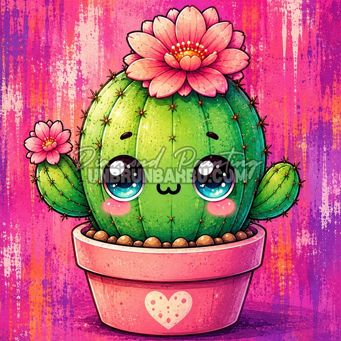Diamond Painting cactus kawaii vert avec grande fleur rose et pot décoré 40x40 cm