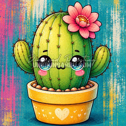 Diamond Painting cactus kawaii vert avec fleur rose et pot jaune sur fond turquoise 40x40 cm