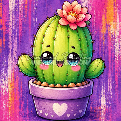 Diamond Painting cactus kawaii vert avec fleur rose et pot violet 40x40 cm