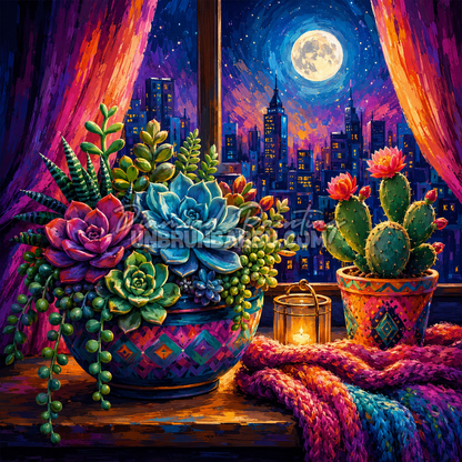 Diamond Painting Cactus sous la Pleine Lune 100x100 cm avec succulentes et ville illuminée