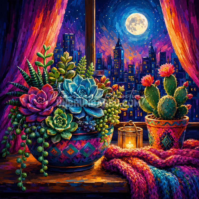 Diamond Painting Cactus sous la Pleine Lune 100x100 cm avec succulentes et ville illuminée